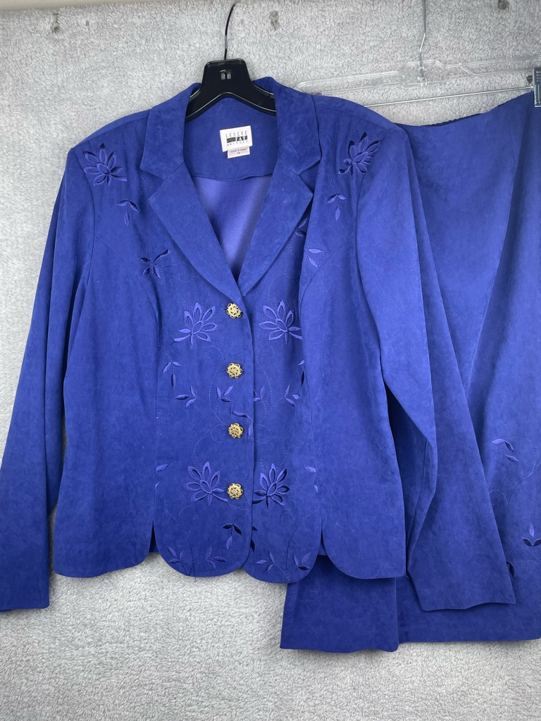 Leslie Fay Cobalt Blue Suede Floral Cutout Blazer And Matching Skirt